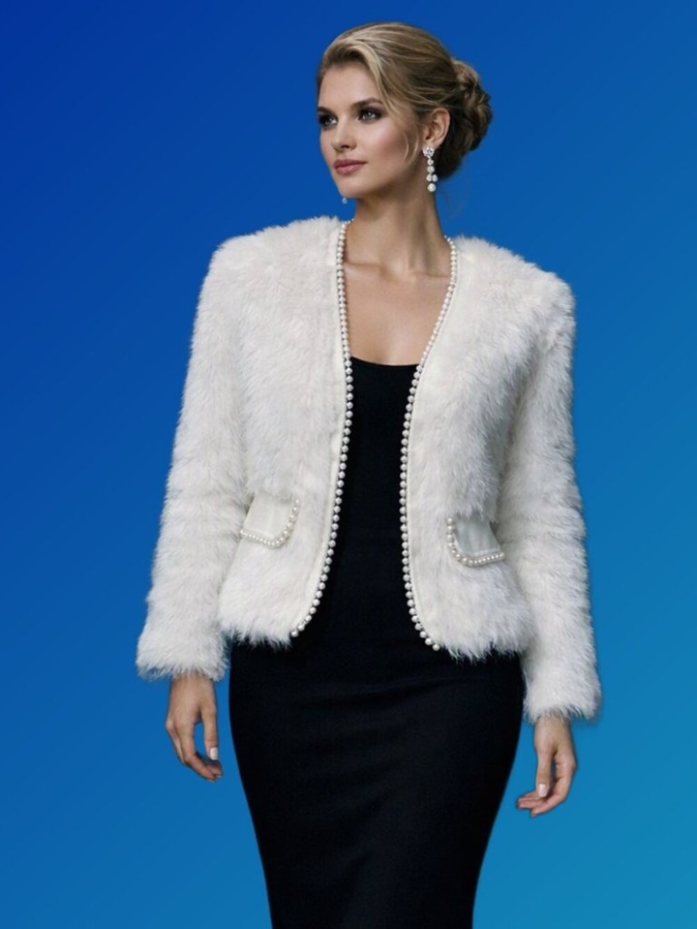 Ivory Faux Fur Pearl Trim Cropped Jacket Timeless Feminine Elegance Size S NEW